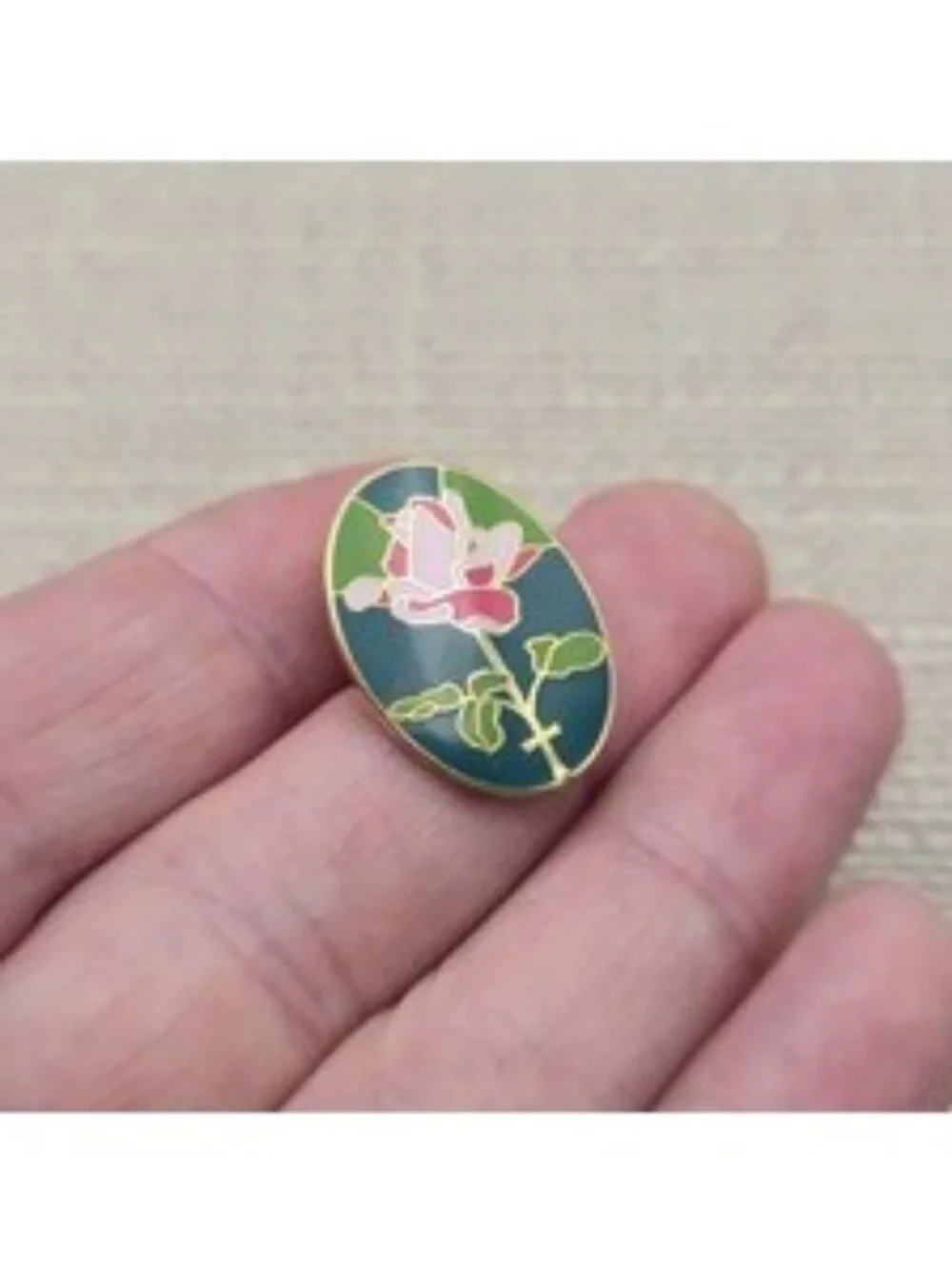 Vintage Pink Rose and Cross Teal Oval Enamel Religious Faith Lapel Pin A8337